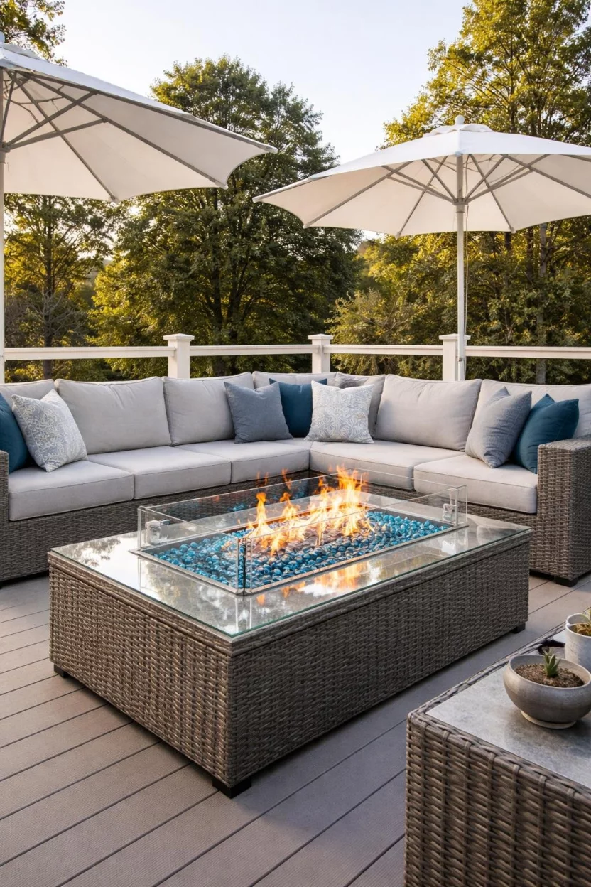 A realistic photo of a deck with a glass topped fire table featuring blue glass fire beads, gray wicker sectional sofa, and white canvas umbrellas.