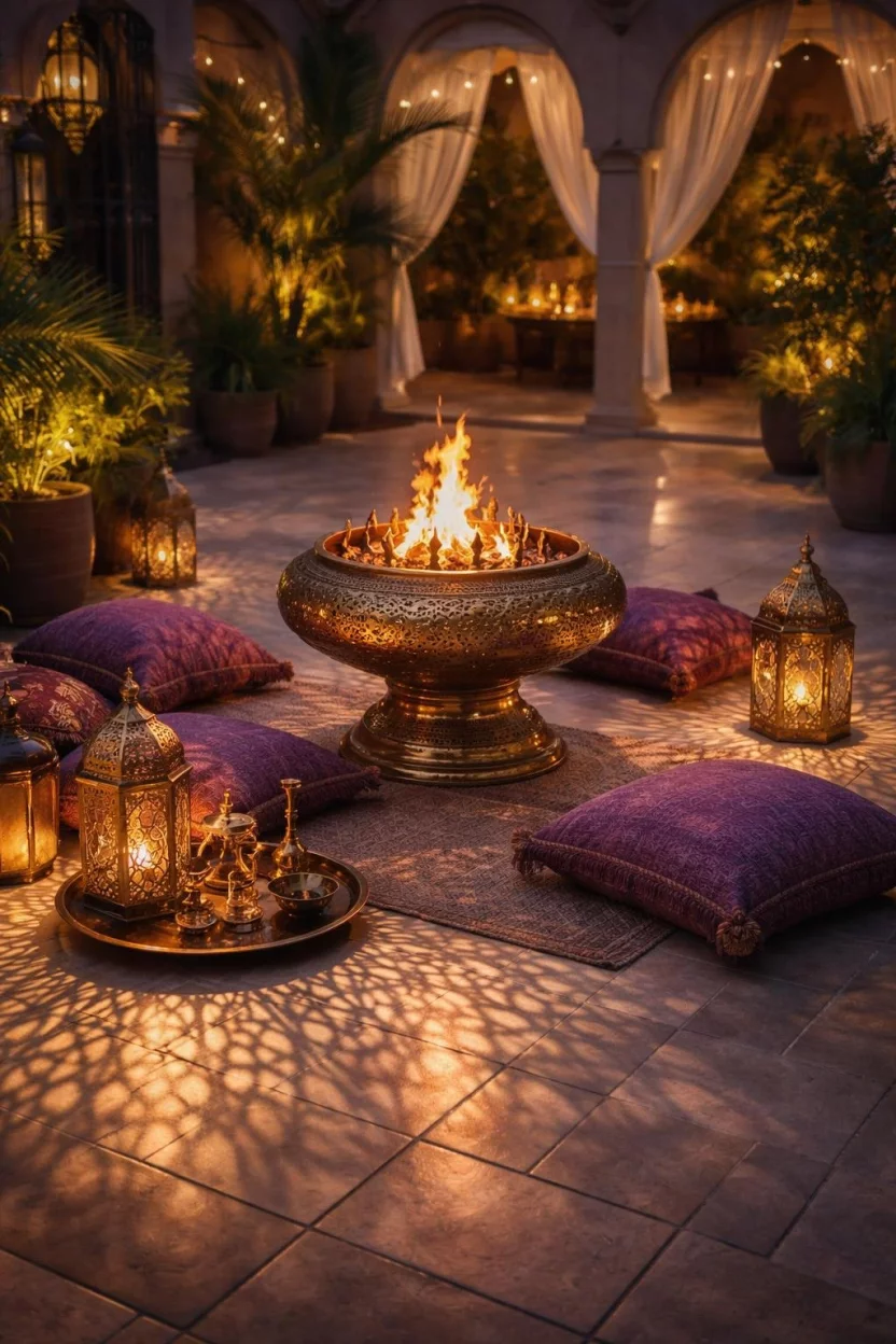 A realistic photo of a patio with an ornate brass fire brazier, low purple floor cushions, and intricate lanterns casting patterned shadows on a tiled floor.