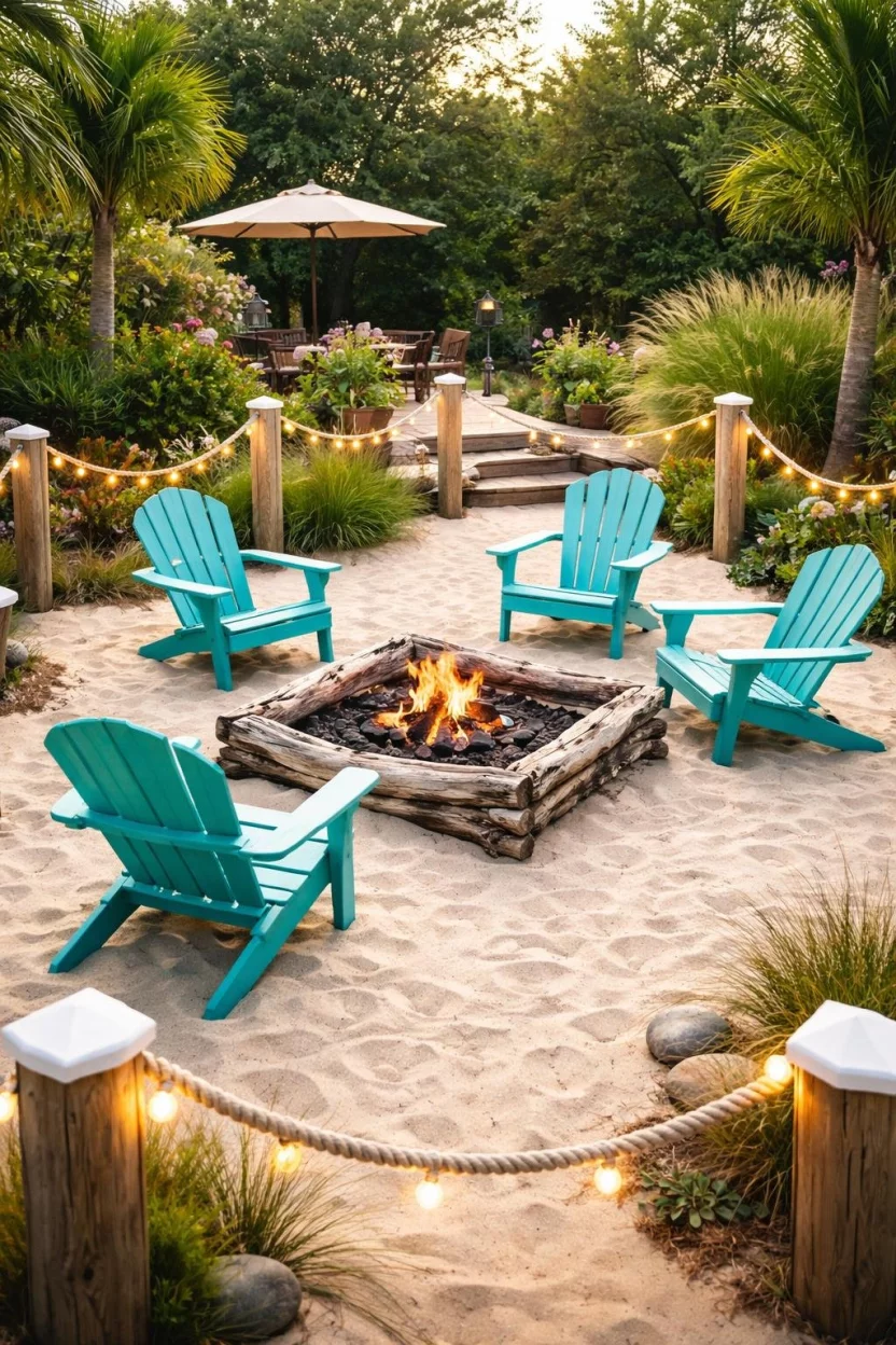 A realistic photo of a sandy backyard area with a weathered driftwood fire pit frame, turquoise plastic lounge chairs, and white nautical rope lights bordering the space.