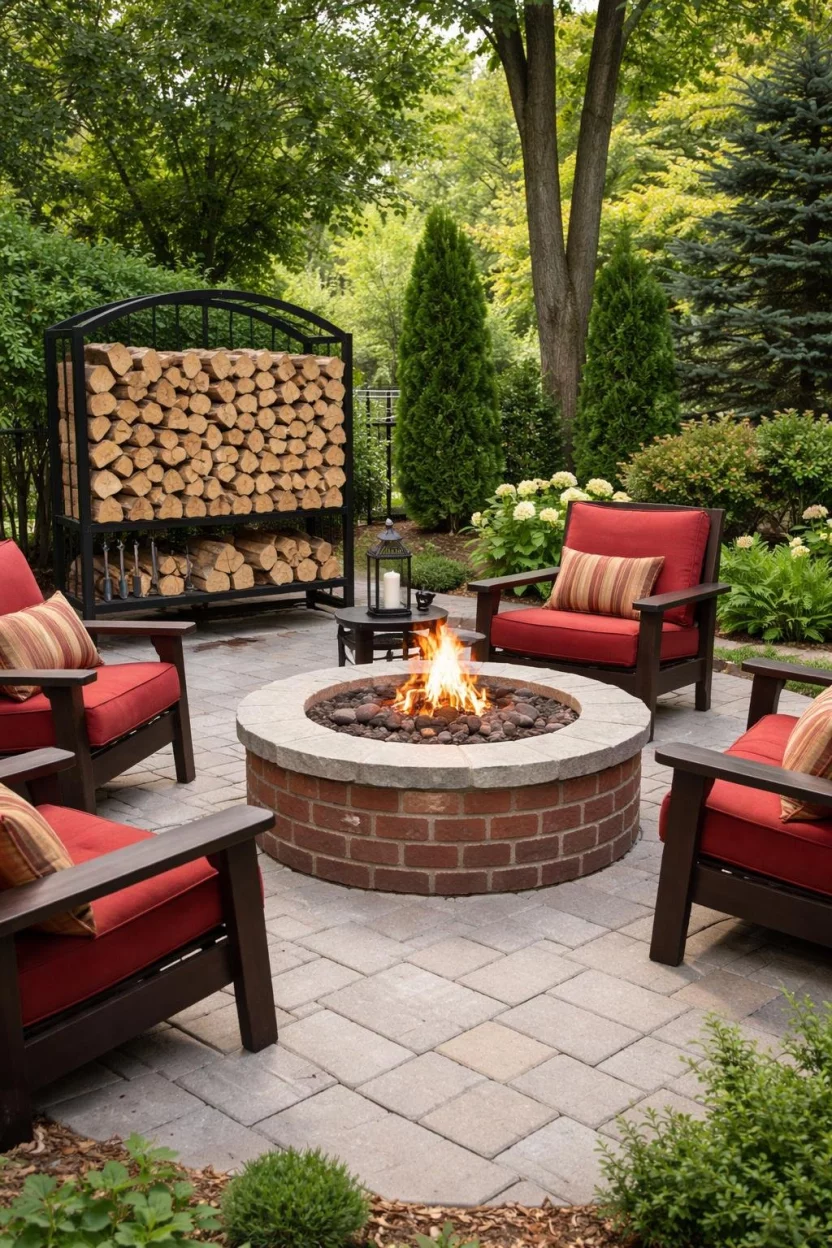 A realistic photo of a backyard patio with a classic red brick fire pit, dark wood armchairs with red cushions, and a large wrought iron wood storage rack.