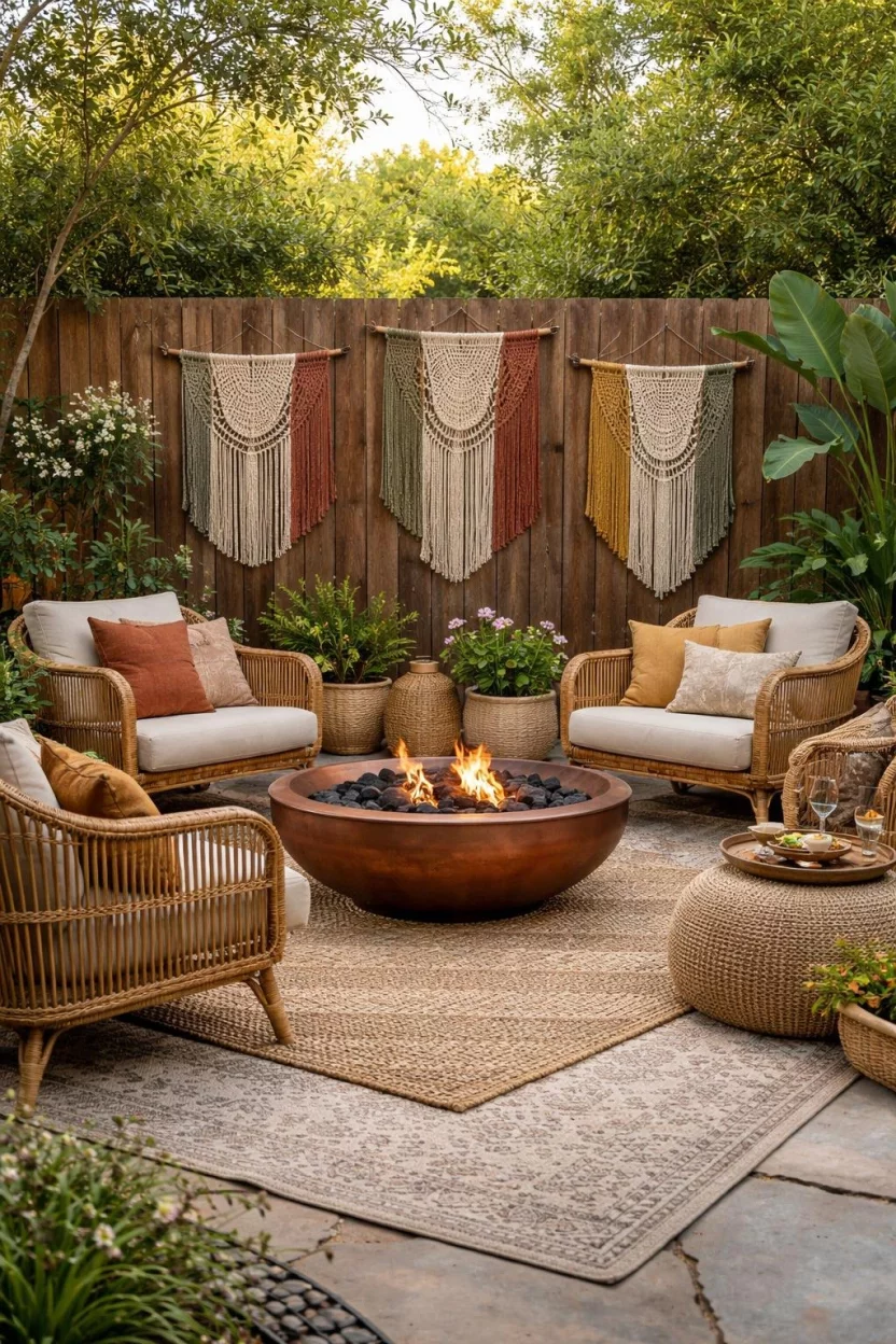 A realistic photo of a garden lounge with a low copper fire pit, natural rattan armchairs, colorful macrame wall hangings on a wooden fence, and textured outdoor rugs in earthy tones.