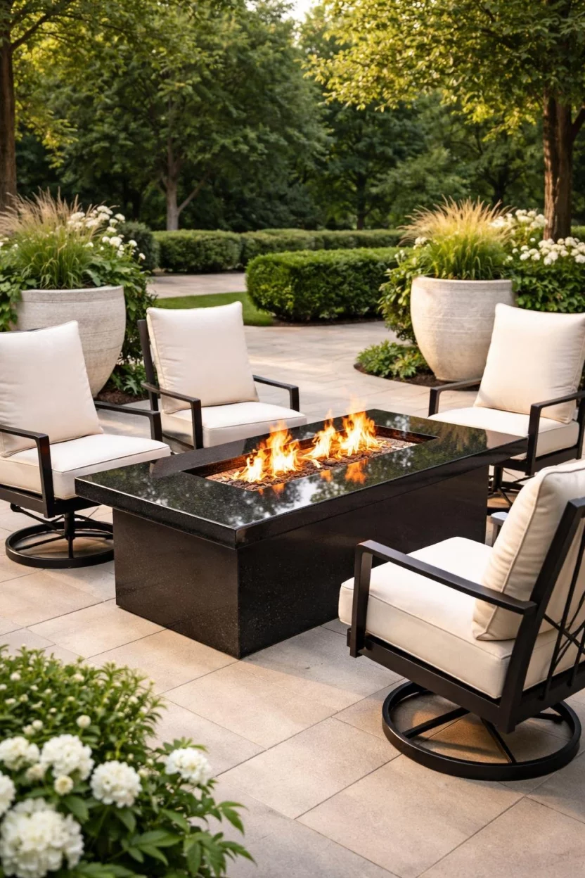 A realistic photo of a patio with a polished black granite fire table, cream upholstered high back chairs, and large white stone planters.