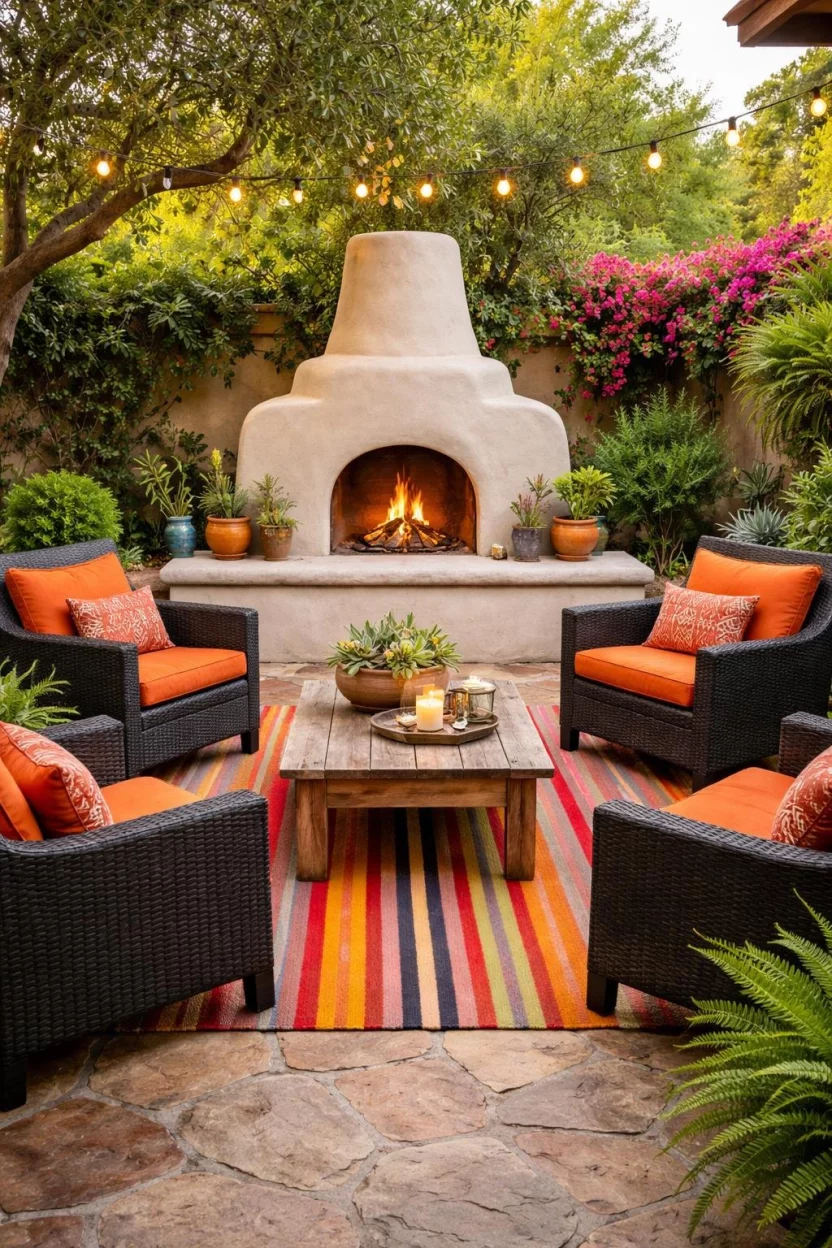 A realistic photo of a garden patio with an adobe style kiva fireplace, colorful striped woven rugs, and black wicker chairs with orange pillows.