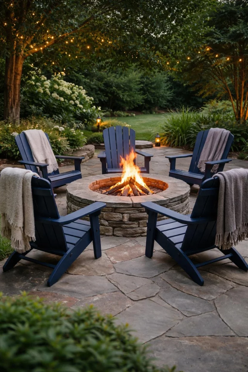 A realistic photo of a backyard patio with a large fieldstone fire pit, tall wood Adirondack chairs painted navy blue, and thick wool blankets draped over the backs.