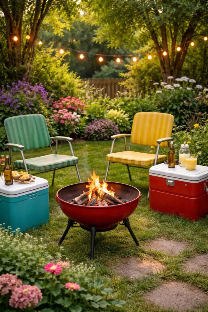 A realistic photo of a garden with a portable red enamel fire pit, vintage metal folding chairs, and colorful retro coolers used as side tables.