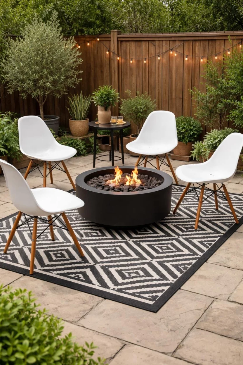 A realistic photo of a patio with a black round fire pit, white plastic molded chairs, and a black and white geometric outdoor rug.