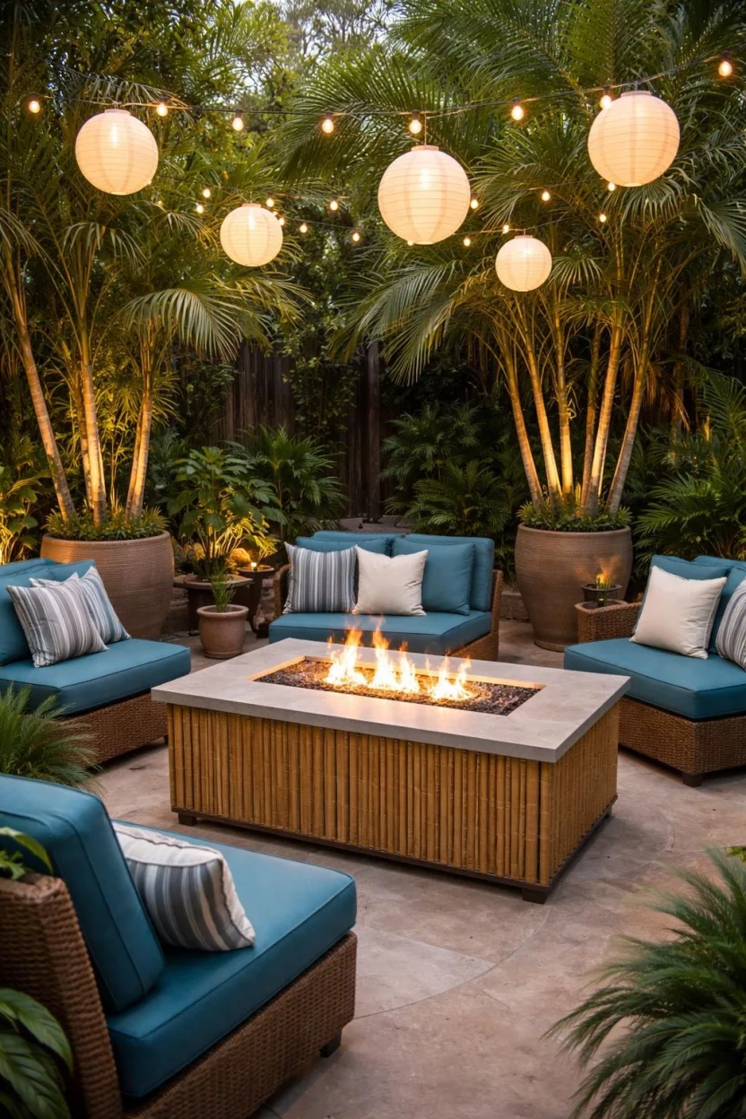 A realistic photo of a garden patio featuring a bamboo encased gas fire table, teal blue upholstered lounge chairs, and tall potted palm trees under glowing paper lanterns.
