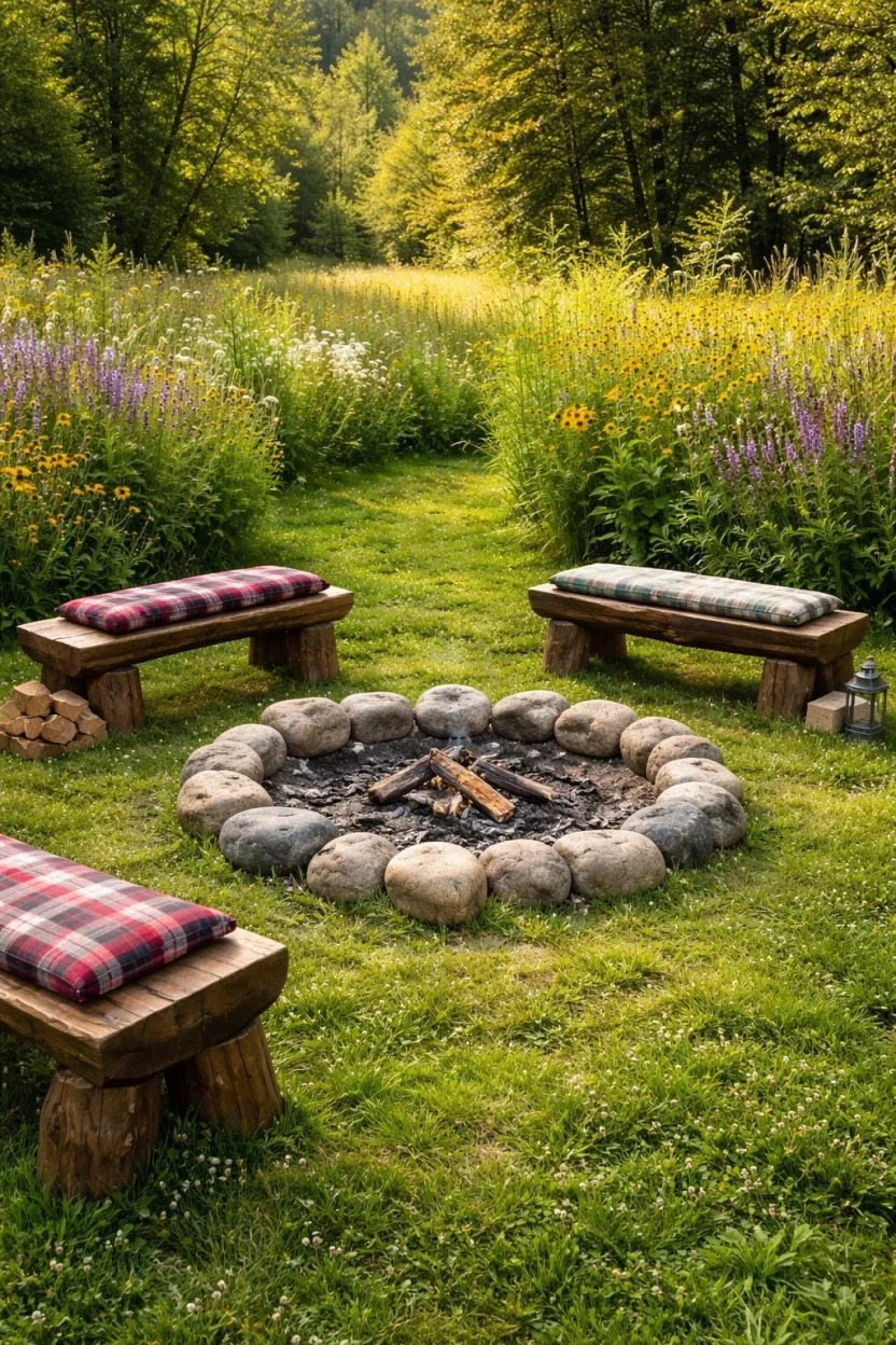 A realistic photo of a grassy meadow with a simple ring of large river rocks for a fire pit, wooden benches with plaid cushions, and surrounding tall wildflowers.