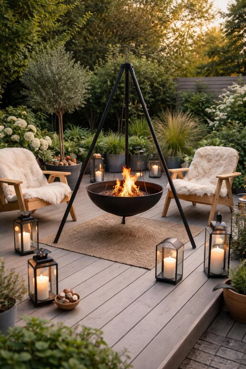 A realistic photo of a garden deck with a black tripod fire pit, light wood chairs with sheepskin rugs, and minimalist lanterns spread around the floor.