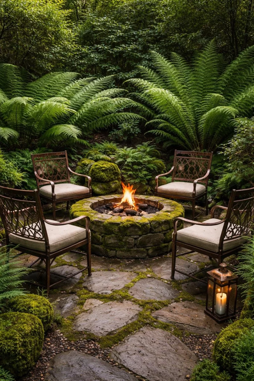 A realistic photo of a secluded garden area with a mossy stone fire pit, aged copper chairs, and tall green ferns surrounding the seating area.