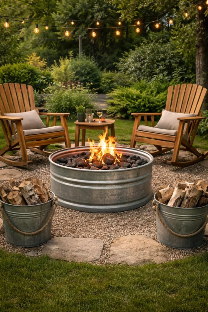 A realistic photo of a backyard garden with a galvanized steel tub fire pit, wooden rocking chairs, and galvanized metal buckets filled with firewood.
