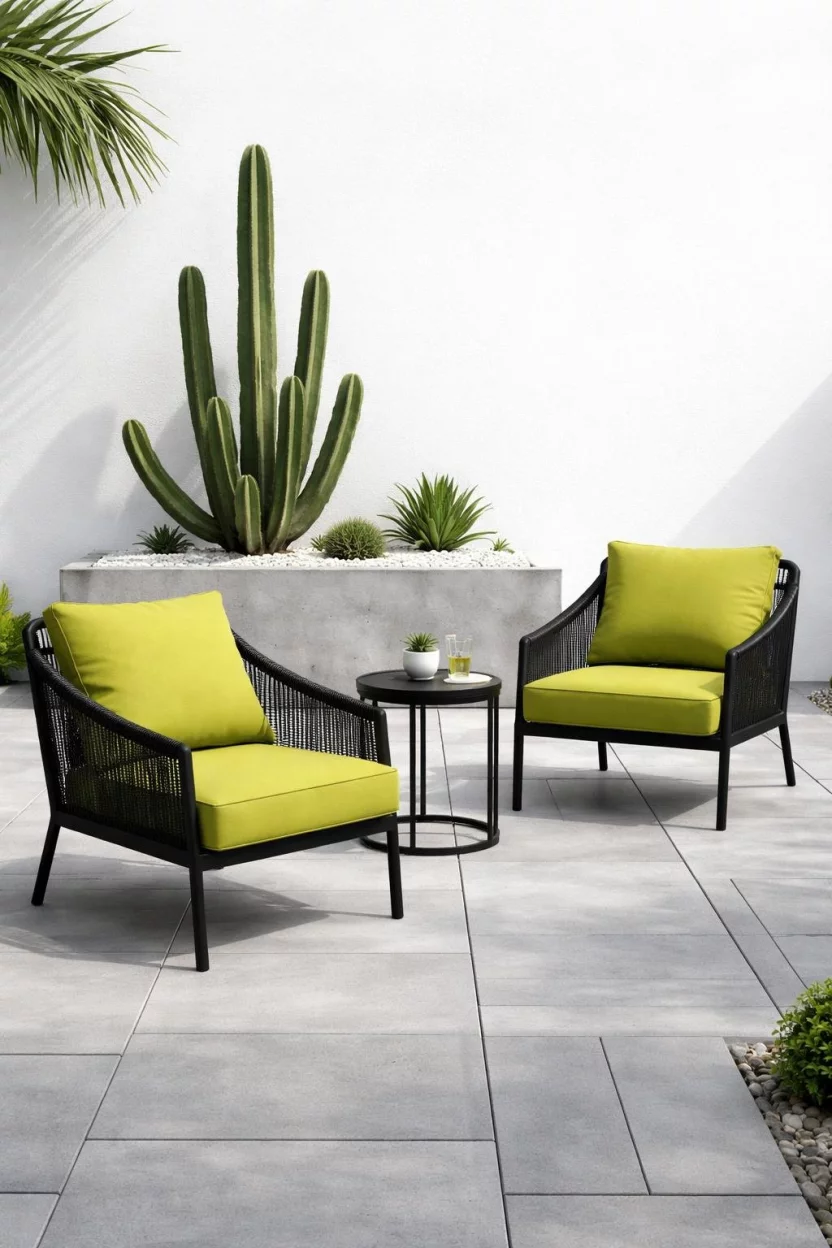 A realistic photo of a chic modern patio with cool light gray rectangular pavers, featuring black metallic chairs with bold lime green cushions and a sleek concrete planter holding a tall architectural cactus against a white wall.