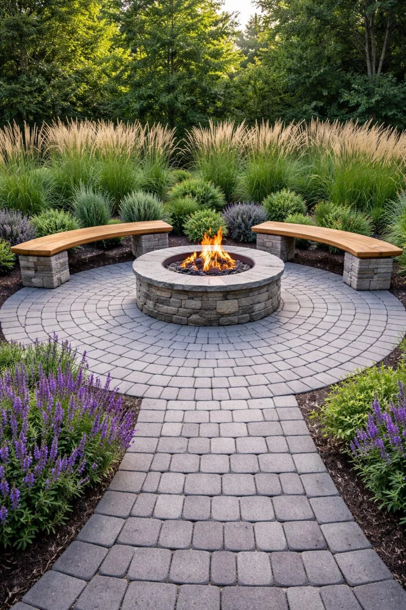 A realistic photo of a circular patio made of small gray permeable pavers, centered around a stone fire pit with curved wooden benches and surrounded by a ring of tall ornamental grasses and purple flowers.