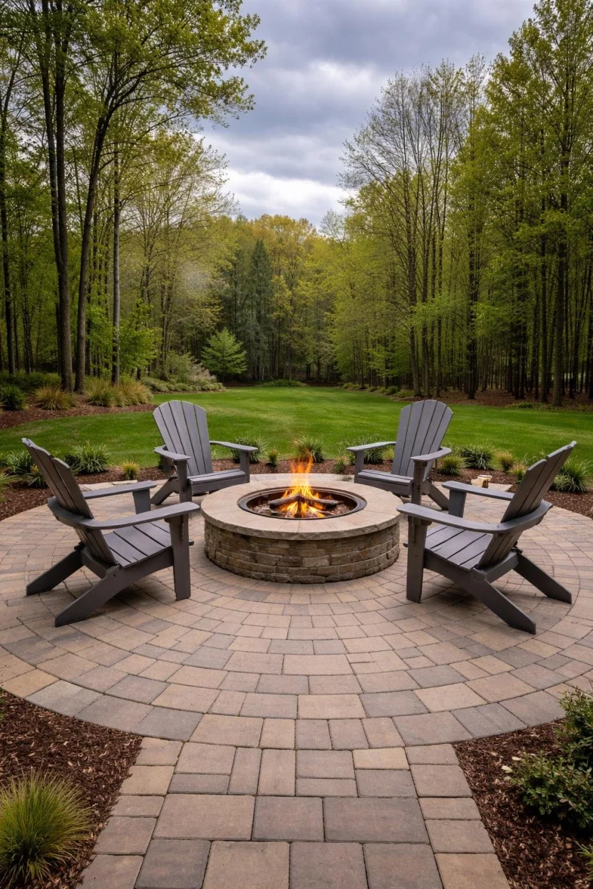 A realistic photo of a built in circular stone fire pit centered on a matching paver patio, featuring four gray Adirondack chairs and a panoramic view of a wooded backyard under a cloudy afternoon sky.