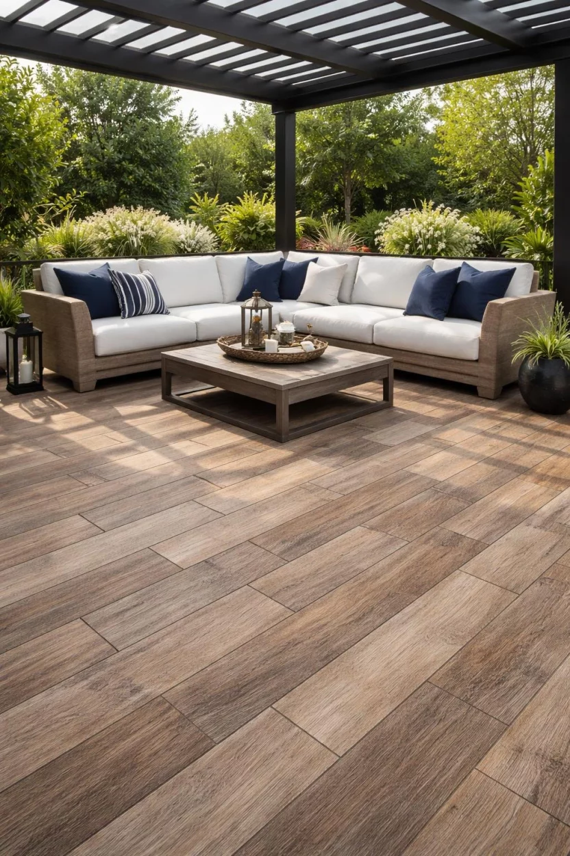 A realistic photo of a patio floor that looks like weathered oak planks but is actually porcelain tile, featuring a white sectional sofa with navy blue pillows and a large black metal pergola overhead.
