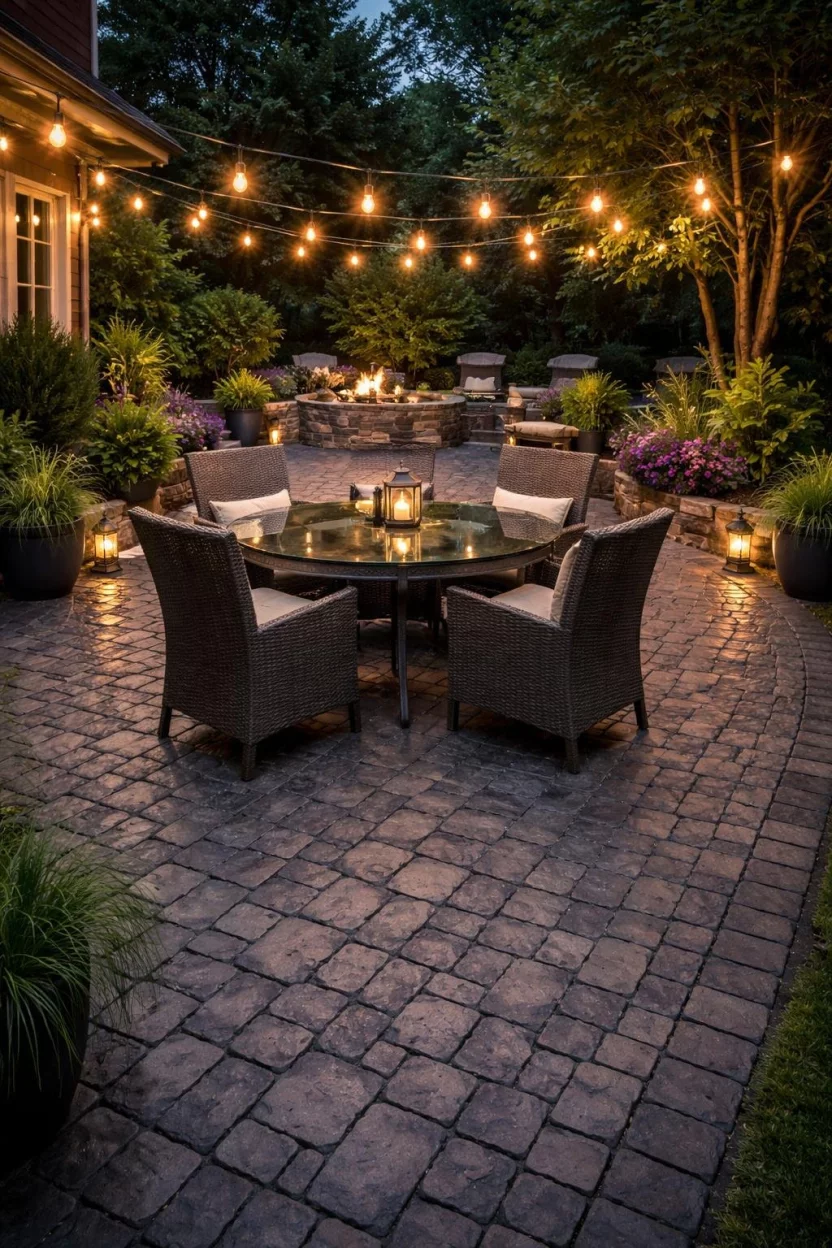 A realistic photo of a stamped concrete patio mimicking the appearance of expensive European cobblestones in a charcoal gray hue, featuring a round glass table set and an overhead string of Edison bulbs glowing at dusk.