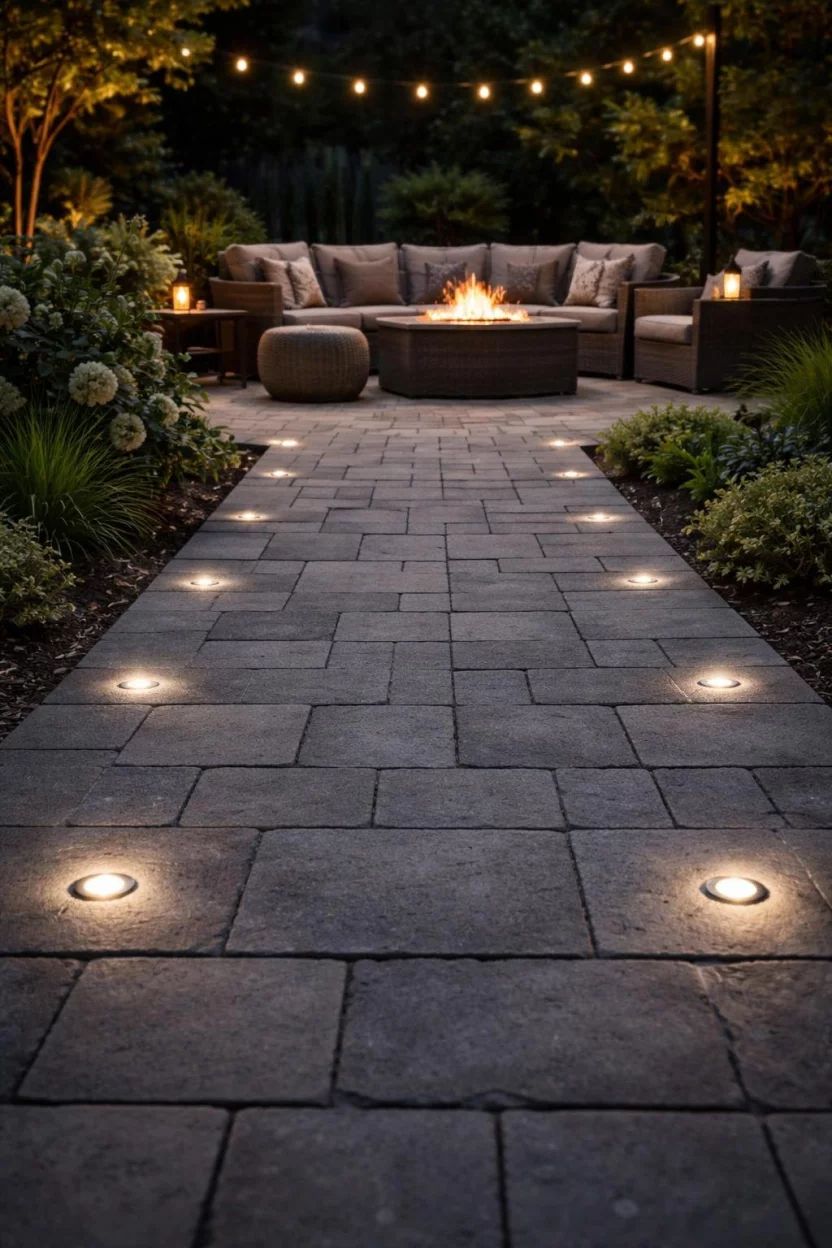 A realistic photo of a patio at night with small circular LED lights embedded directly into the gray stone pavers, illuminating a path toward a cozy seating area with a glowing fire table in the background.