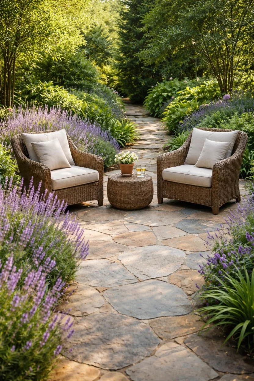 A realistic photo of a rustic stone patio made of irregular flagstone in earthy tan and blue shades, nestled among blooming lavender plants, with comfortable wicker armchairs and a small stone path leading into a dense green garden.