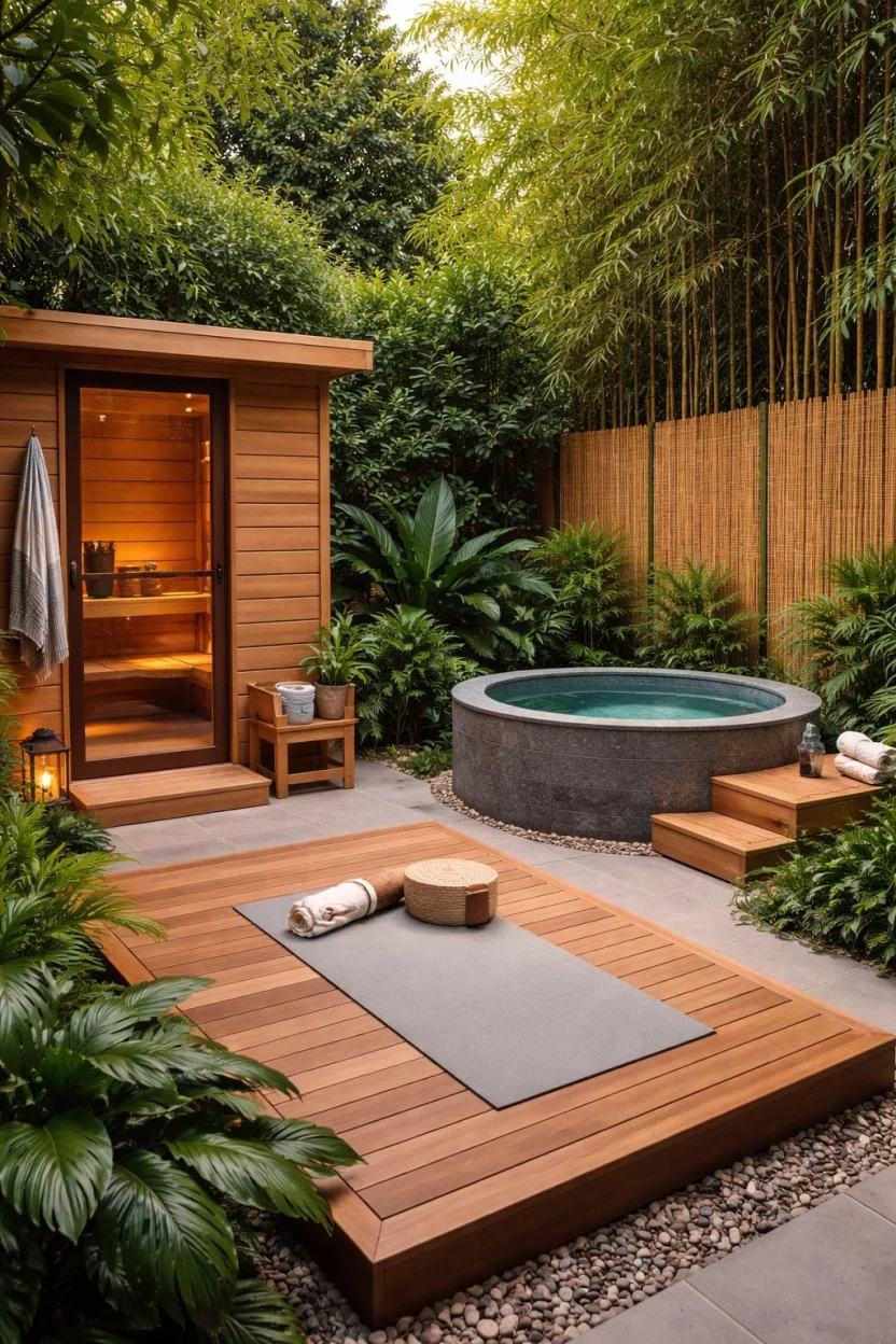 A realistic photo of a private wellness patio featuring a small wood paneled sauna, a cold plunge tub, a cedar yoga platform, and tall bamboo screens for total privacy in a lush green corner.