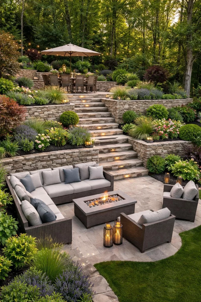 A realistic photo of a sloped backyard transformed into three levels of stone terraces, featuring built in stone steps, a dining area on the top level, and a lounge with a view on the bottom level.