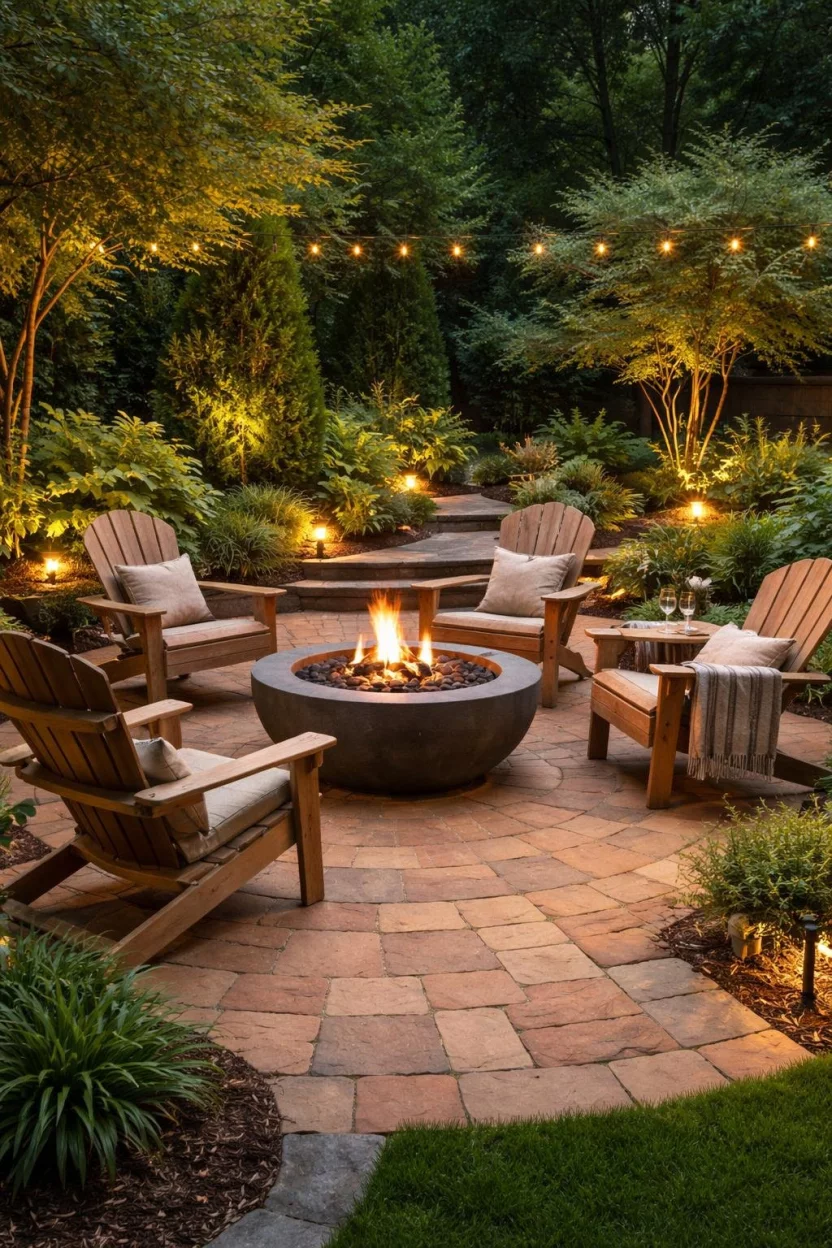 A realistic photo of a cozy backyard patio using terracotta and sandstone pavers in warm orange and tan tones, featuring a central fire bowl with Adirondack chairs and glowing yellow landscape lighting tucked into the greenery.