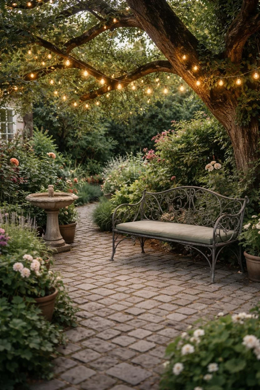 A realistic photo of a charming cobblestone patio with weathered gray stones, a vintage wrought iron bench, a small birdbath, and warm string lights hanging from an ancient oak tree in an English garden setting.