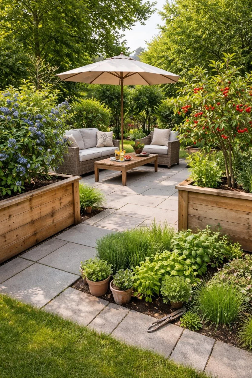 A realistic photo of a patio bordered by large wooden planters containing blueberry bushes and dwarf cherry trees, with a small herb garden tucked between the stone pavers and the seating area.