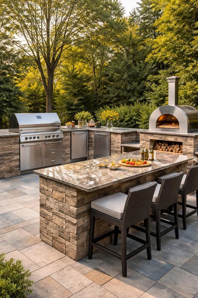A realistic photo of a high end outdoor kitchen integrated into a stone patio, featuring a stainless steel grill, a small fridge, a stone countertop with bar stools, and a professional pizza oven.