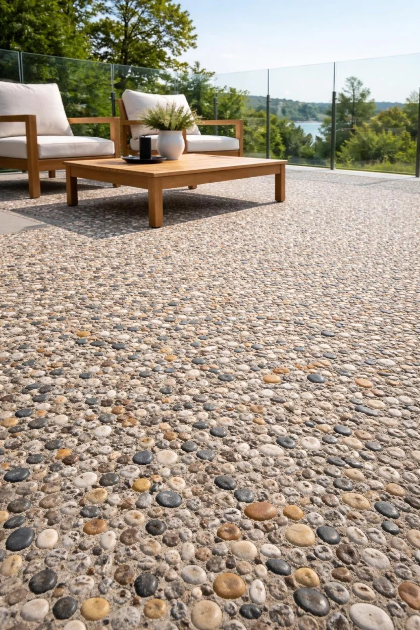 A realistic photo of an exposed aggregate concrete patio showing colorful smooth river pebbles embedded in the surface, paired with minimalist teak furniture and a clear glass perimeter fence for an unobstructed view.