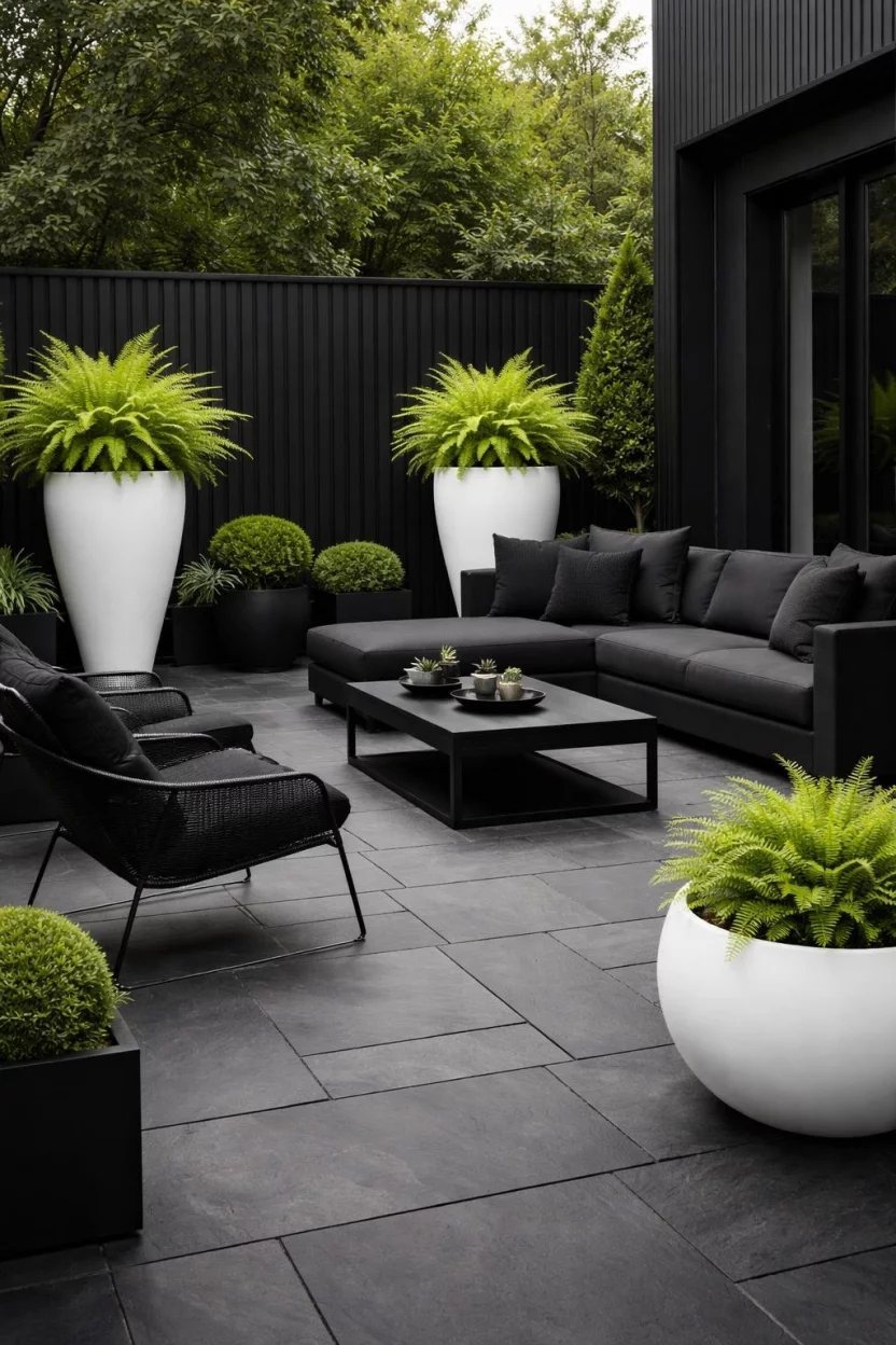 A realistic photo of a dramatic all black patio with dark slate pavers, black outdoor furniture, and white sculptural planters containing bright green ferns to create a sharp and modern visual contrast.