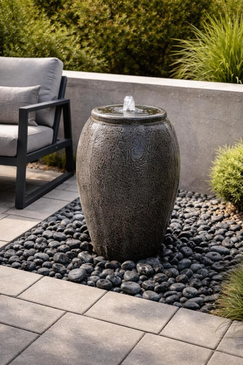 A realistic photo of a minimalist stone fountain shaped like a bubbling urn on a bed of dark river rocks, situated next to a sleek gray patio chair and a low concrete wall.