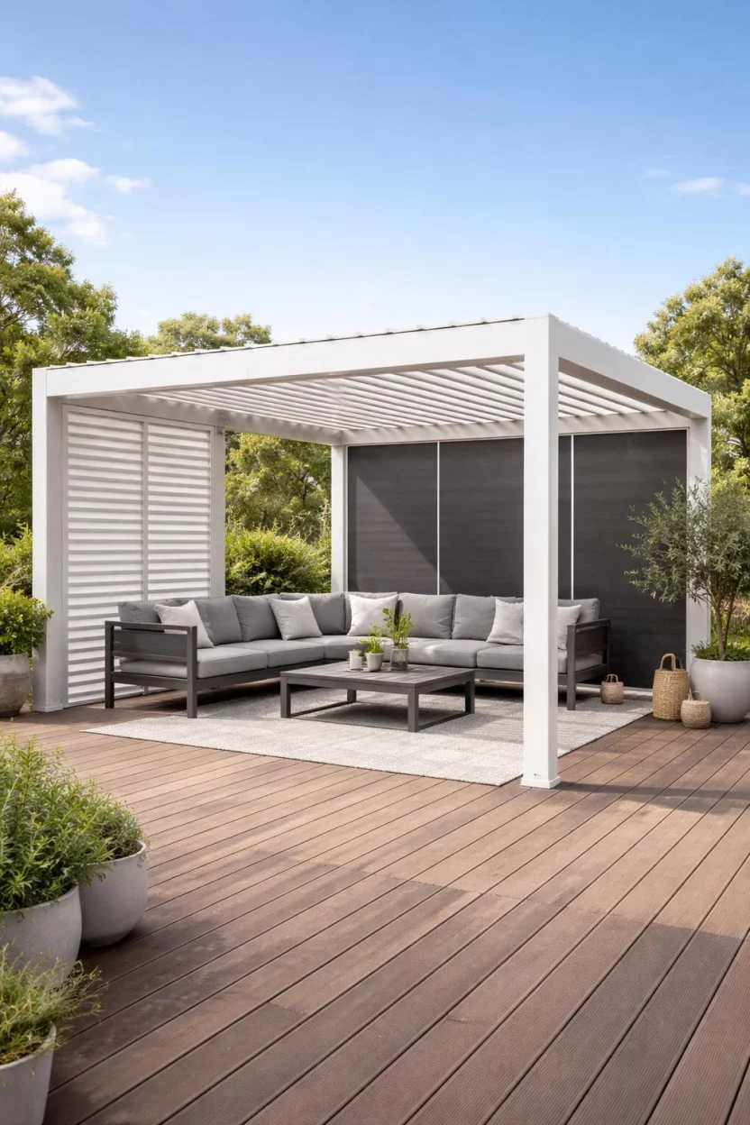 Modular Pavilion Design A realistic photo of a patio showcasing a clean white modular pavilion kit with interchangeable wall panels, a slat roof, and modern gray furniture on a wooden deck.