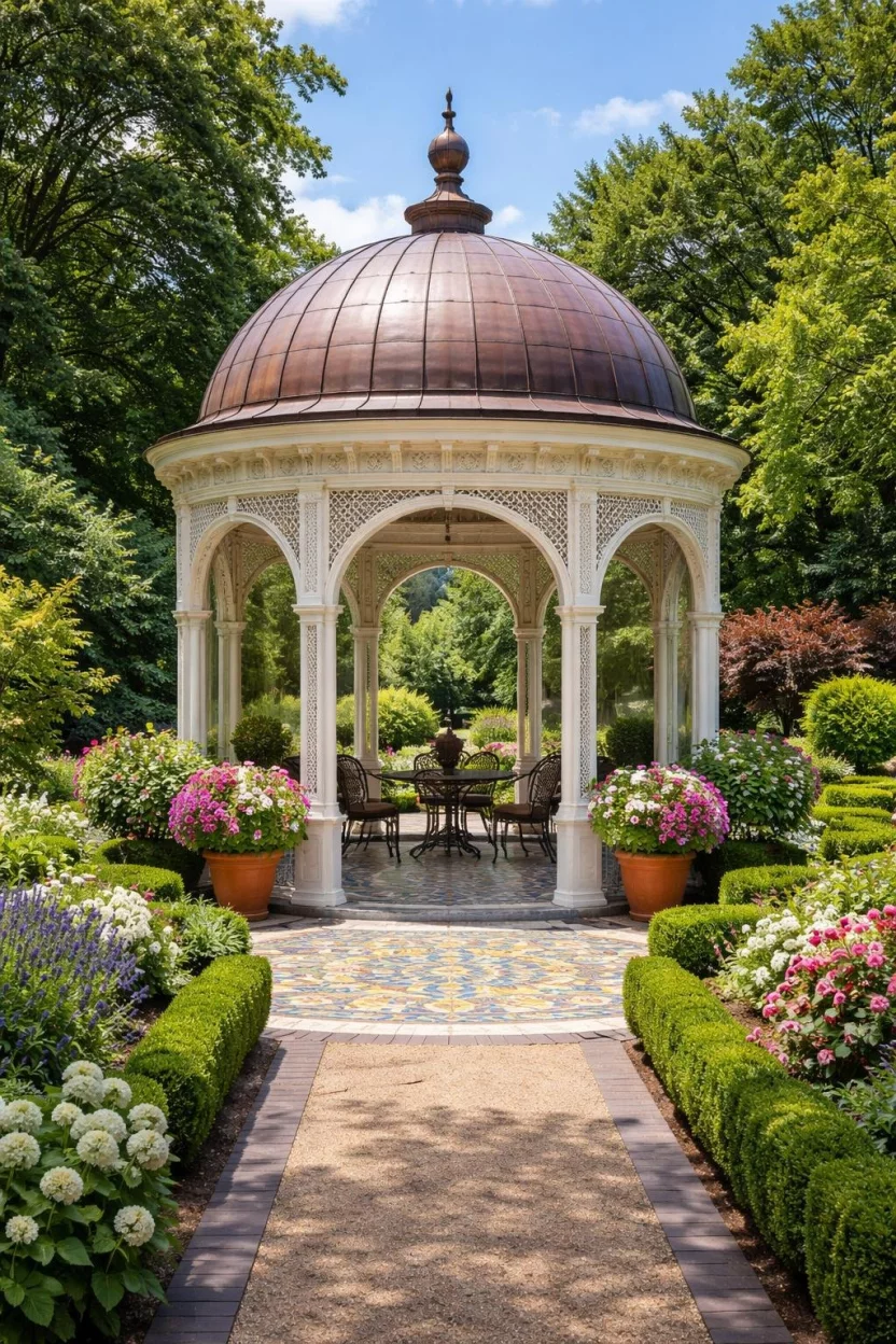 Curved Roof Gazebo Pavilion A realistic photo of a garden featuring a majestic pavilion with a domed copper roof, intricate white lattice sides, and a floor made of colorful mosaic tiles.
