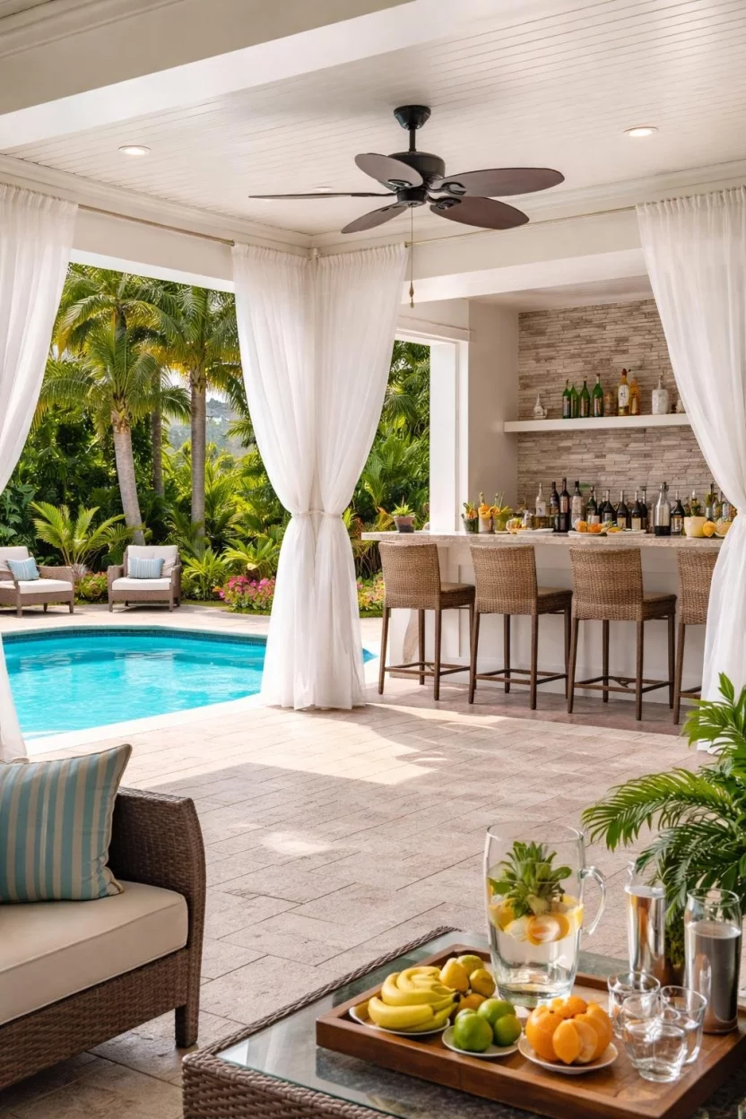 Poolside Pavilion A realistic photo of a patio next to a turquoise swimming pool showing a breezy pavilion with white curtains, non slip stone flooring, a ceiling fan, and a wet bar stocked with glassware and tropical fruit.
