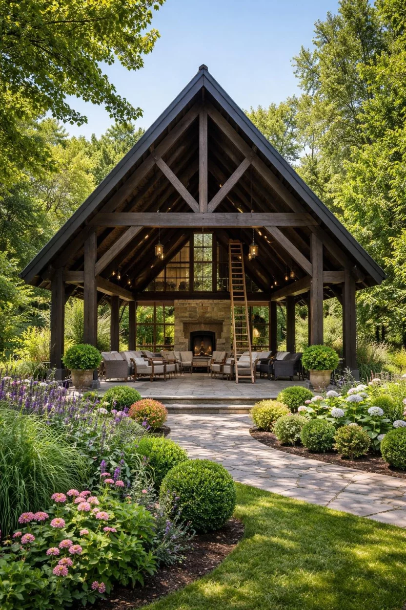 A Frame Pavilion A realistic photo of a garden showing a tall a-frame pavilion with dark wood beams, a steep metal roof, and an open interior with a small loft area reachable by a ladder.