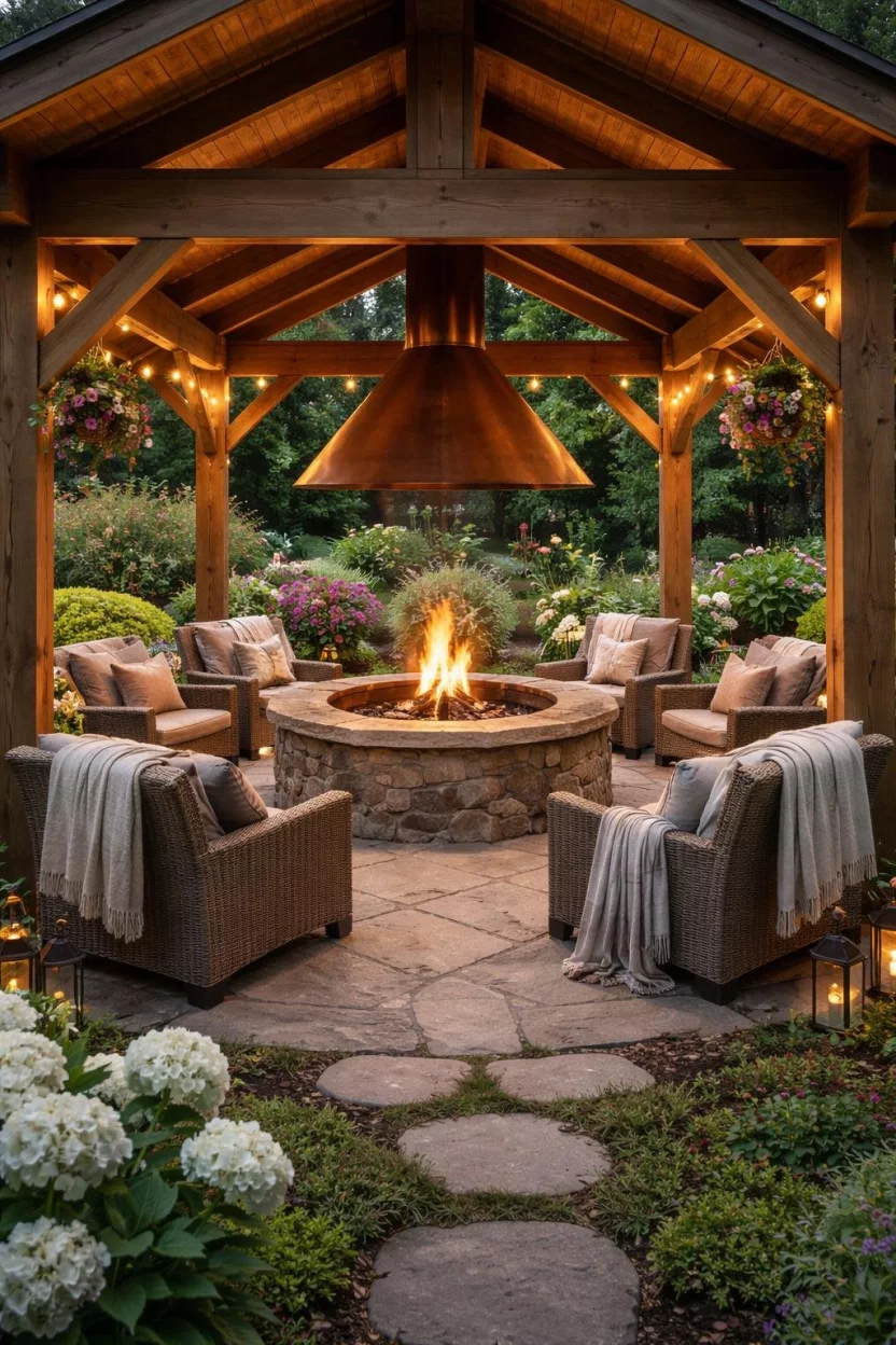Fire Pit Centered Pavilion A realistic photo of a garden garden showing a square wooden pavilion built around a central stone fire pit with a copper hood and circular seating, with glowing embers and cozy blankets on the chairs.