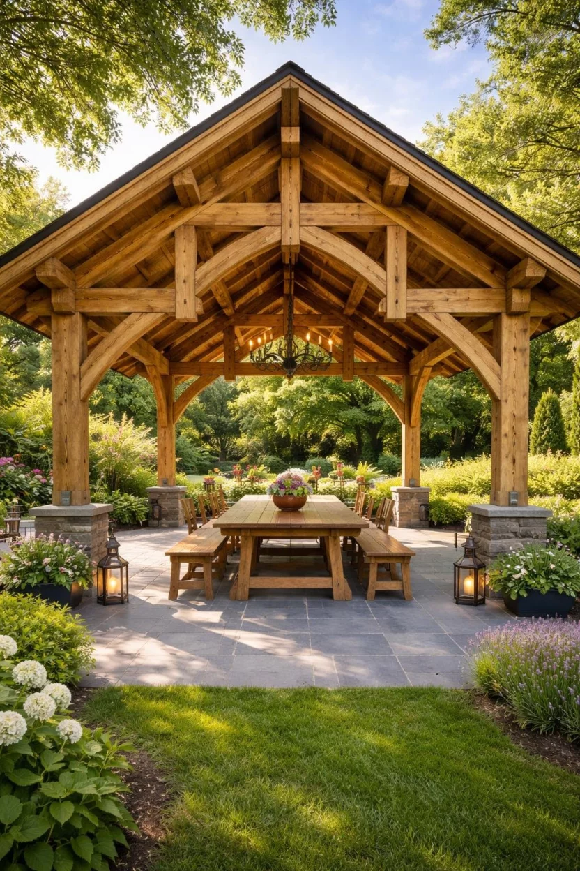 Timber Frame Pavilion A realistic photo of a garden displaying a massive timber frame pavilion with intricate traditional joinery, heavy exposed oak beams, and an airy vaulted ceiling, housing a large wooden dining table and benches on a slate tile patio during a bright afternoon.