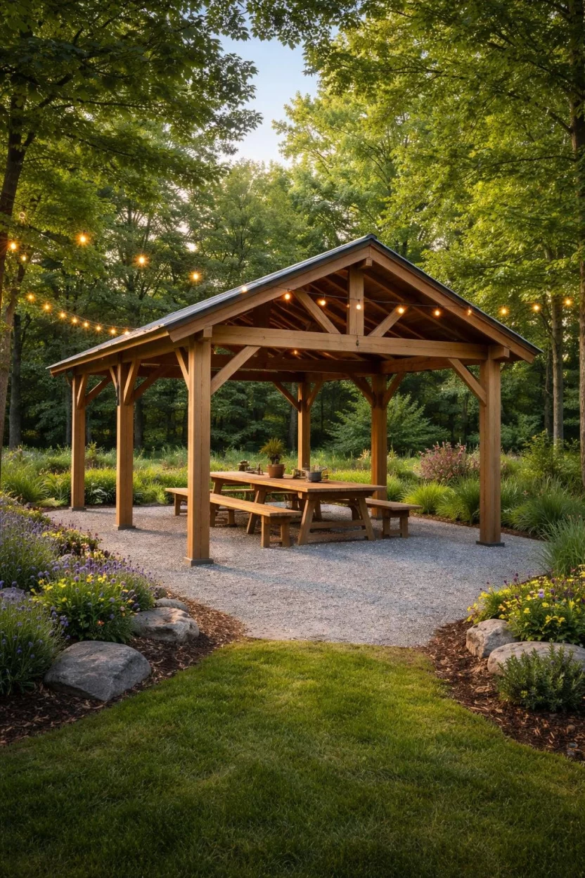 Open Air Picnic Pavilion A realistic photo of a park style garden featuring a simple post and beam pavilion with a long wooden picnic table, a gravel base, and simple string lights overhead.