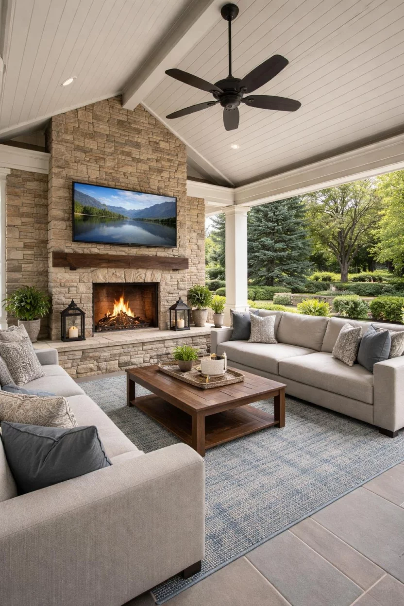 Luxe Outdoor Living Room Pavilion A realistic photo of a patio featuring a high end living room pavilion with an outdoor rug, a plush sectional sofa, a wall mounted flat screen television, and a stone fireplace.