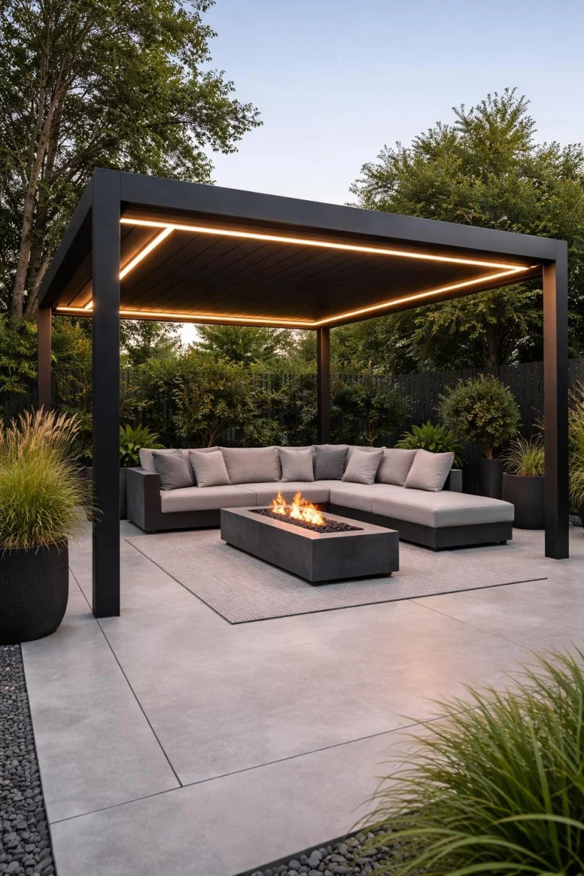 Modern Metal Pavilion A realistic photo of a patio showcasing a sleek black powder coated aluminum pavilion with a flat roof, integrated LED strip lighting along the edges, and polished concrete flooring accented by a minimalist gray outdoor sectional and a low profile fire table.