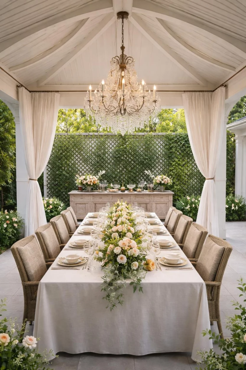 Al Fresco Dining Pavilion A realistic photo of a patio featuring an elegant pavilion with a long dining table set for a feast, a crystal chandelier hanging from the center, and a side buffet table against a trellis wall.