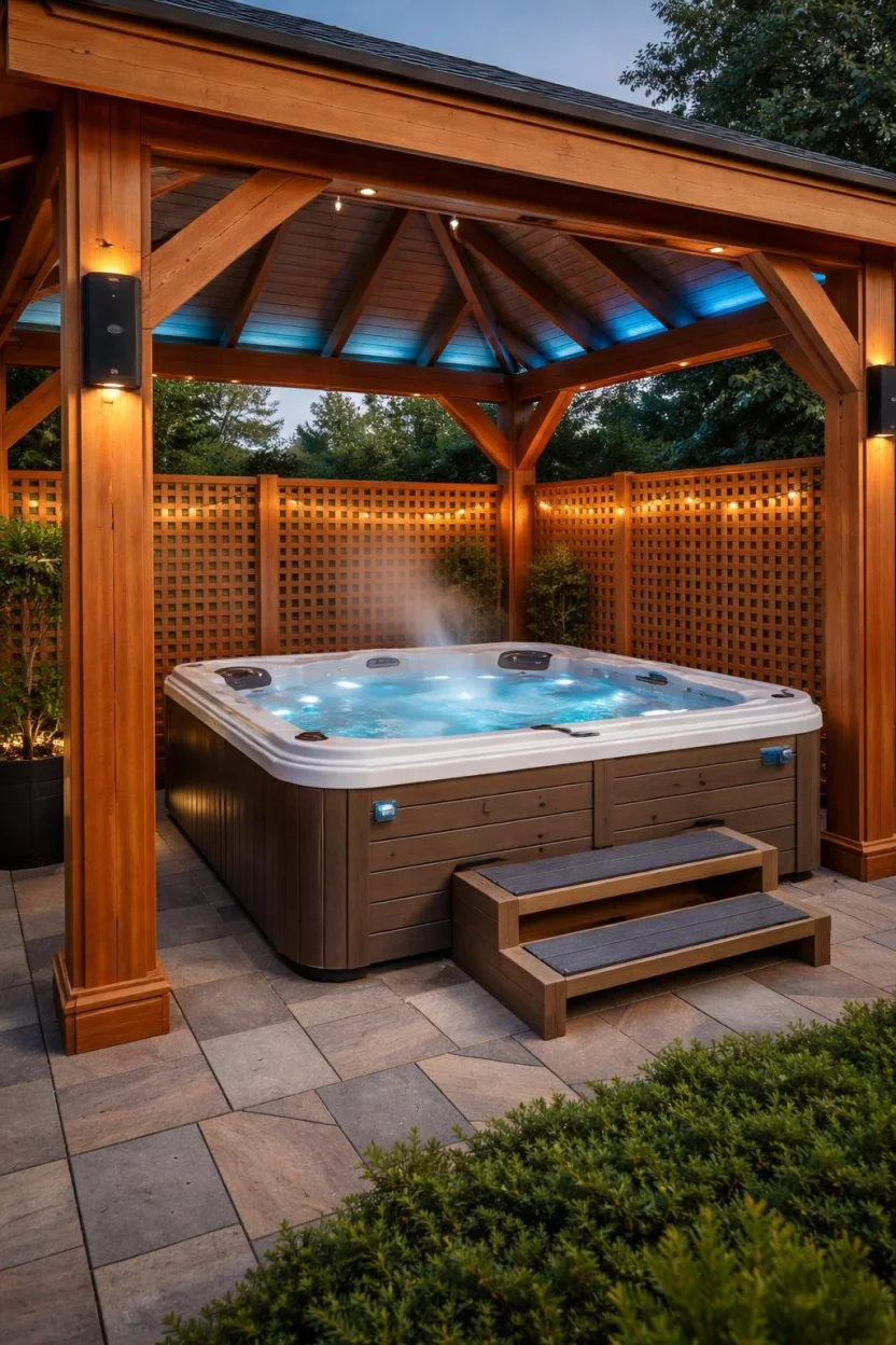 Hot Tub Enclosure Pavilion A realistic photo of a patio featuring a wooden pavilion sheltering a steaming hot tub, with privacy lattice walls on two sides, soft blue accent lighting, and a built in sound system integrated into the wooden pillars.