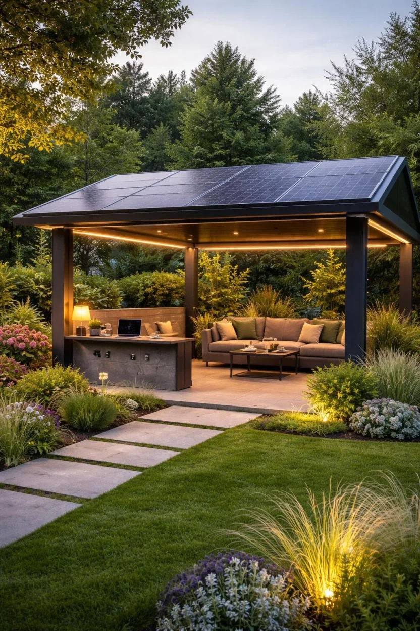 Solar Powered Pavilion A realistic photo of a garden featuring a modern pavilion with sleek solar panels integrated into the roof, powering hidden ambient lights and a small charging station for laptops and phones.