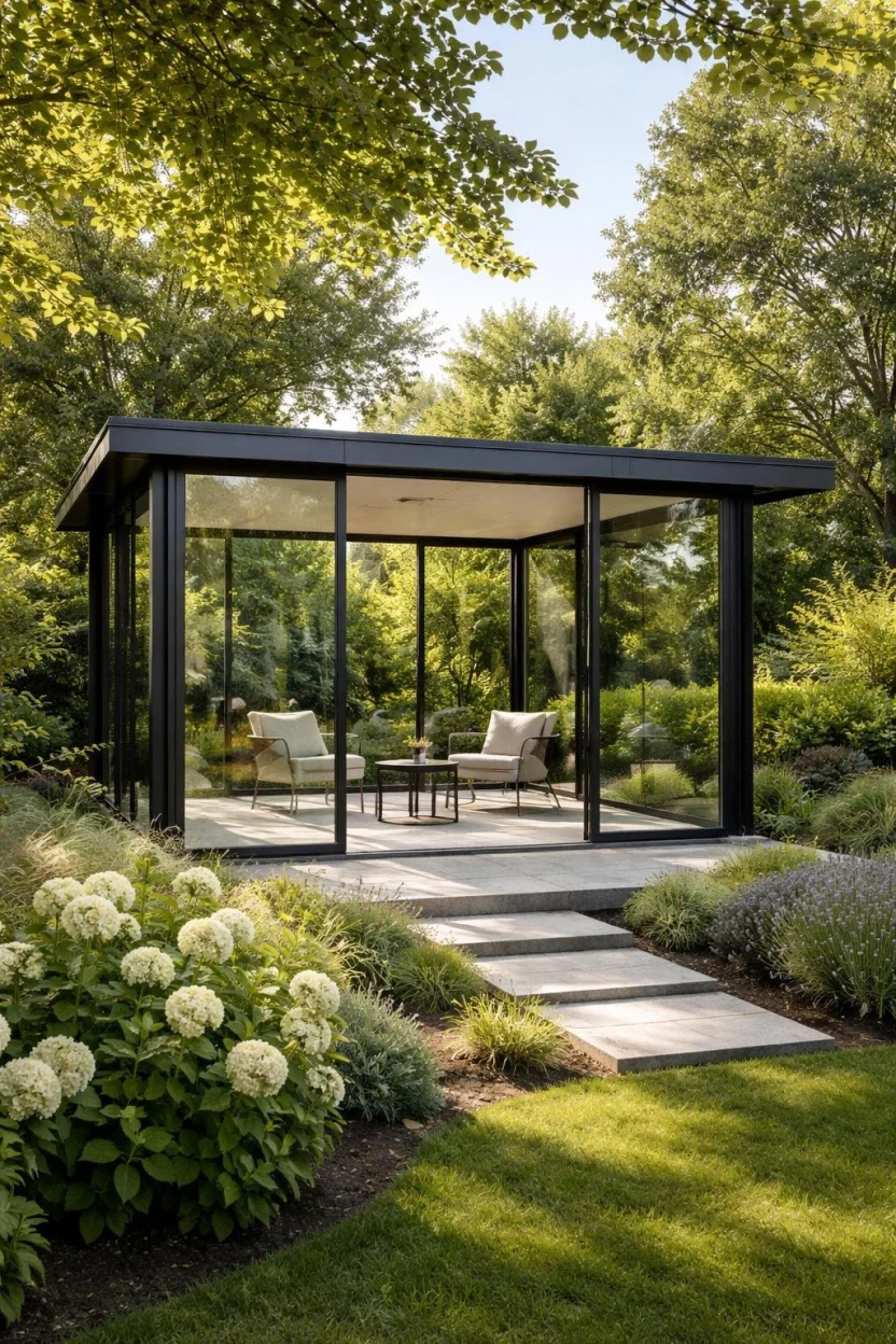 Glass Walled Pavilion A realistic photo of a garden featuring a pavilion with floor to ceiling glass walls, a black metal frame, and a minimalist interior with two sleek armchairs and a small coffee table.