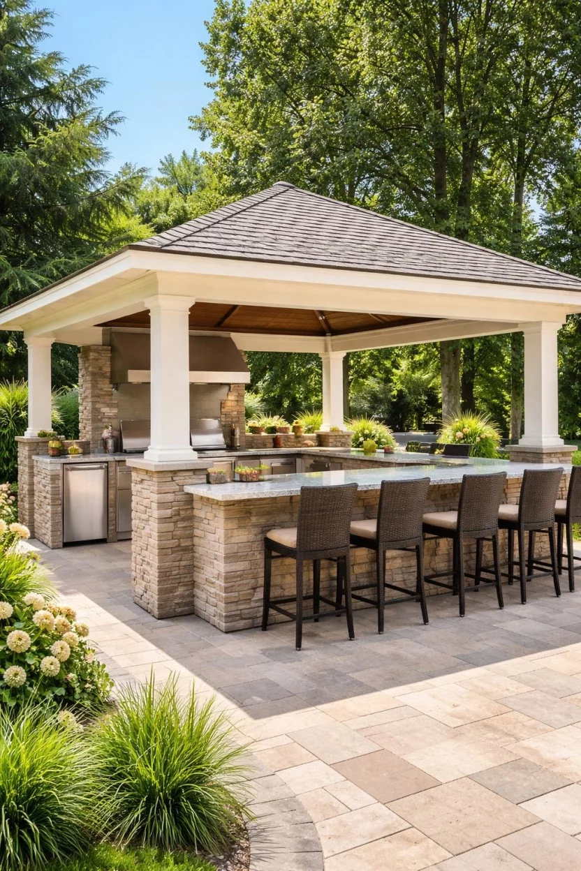 Outdoor Kitchen Pavilion A realistic photo of a patio featuring a fully equipped kitchen pavilion with a built in stainless steel grill, stone countertops, a small refrigerator, and a bar height l shaped seating area under a sturdy shingled roof.