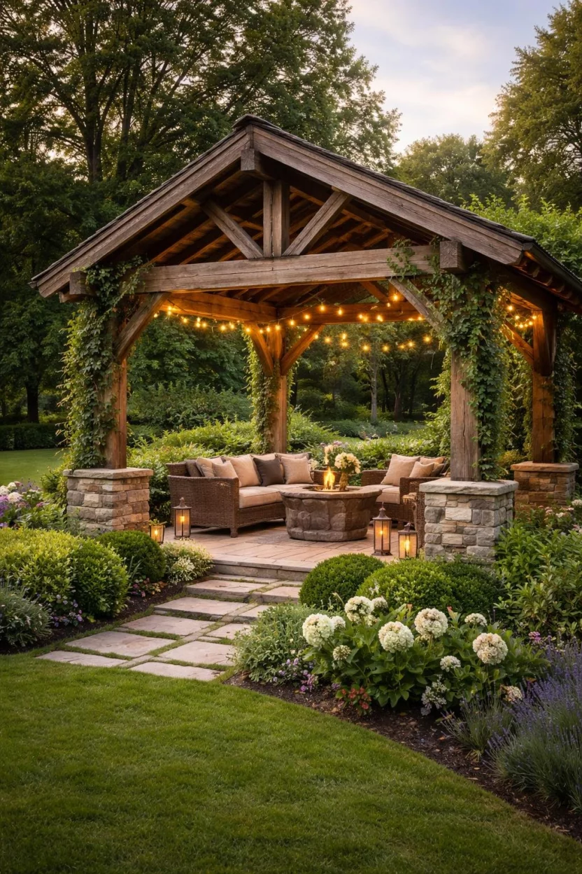 Rustic Wooden Pavilion A realistic photo of a garden featuring a weathered cedar pavilion with reclaimed timber beams, stone pillar bases, and lush climbing ivy encircling the wood, set against a backdrop of a manicured lawn and warm evening string lights illuminating a cozy seating area.