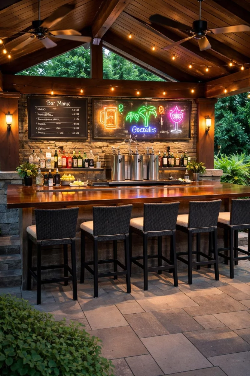 Outdoor Bar Pavilion A realistic photo of a patio showing a stylish bar pavilion with a mahogany countertop, high backed stools, a chalkboard menu, and a row of glowing neon signs behind a small kegerator system.