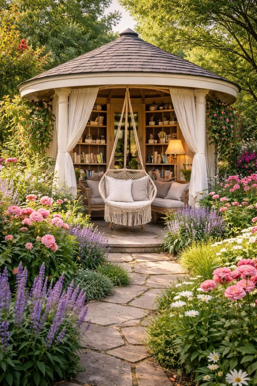 Cozy Reading Nook Pavilion A realistic photo of a garden containing a small circular pavilion tucked among flowers, featuring a hanging macrame swing chair, built in wooden bookshelves, soft weather resistant pillows, and a brass reading lamp.