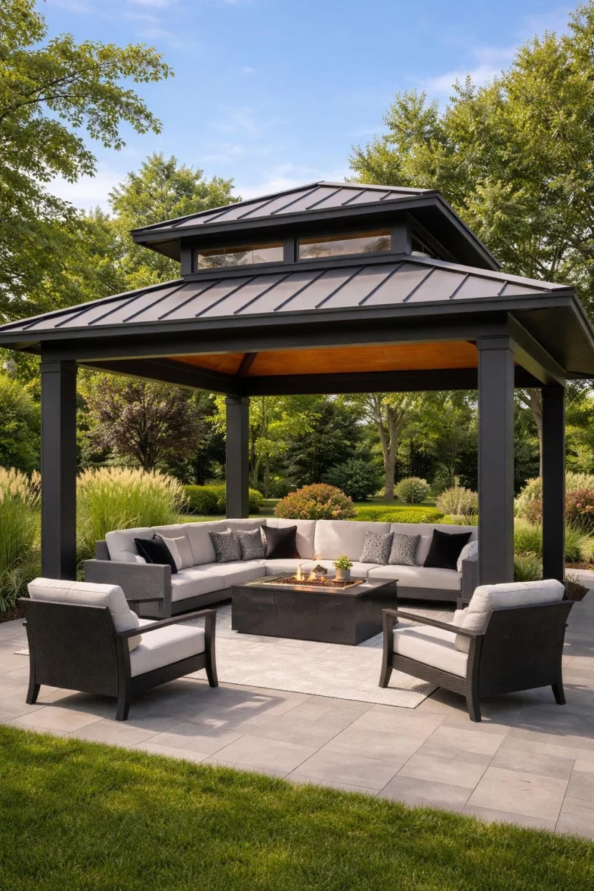 Double Roof Pavilion A realistic photo of a patio displaying a pavilion with a unique tiered double roof design, clerestory windows between the levels, and a sleek modern lounge set underneath.