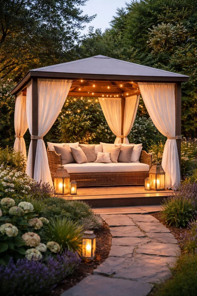 Curtain Enclosed Lounge Pavilion A realistic photo of a garden showing a pavilion with heavy cream curtains tied to the corners, a large daybed filled with pillows inside, and warm golden lighting creating a soft glow.